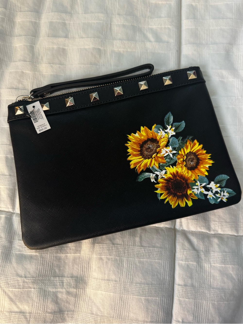 White House Black Market Black Wristlet Clutch with Sunflower Motif